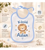Kişiye Özel Erkek Bebek Mama Önlüğü – Mavi Biyeli Baskılı Mirellora