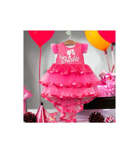 Barbie Baskılı  Kız Elbise 1/4 yaş (Fuşya)