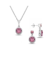 Pembe Taşlı Tek Taş Kolye Küpe 925 Ayar Gümüş
