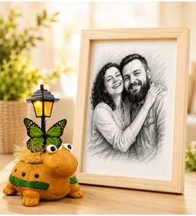 Kişiye Özel Karakalem Fotoğraflı Ahşap Çerçeveli Kahve Kaplumbağa Masa Lambası