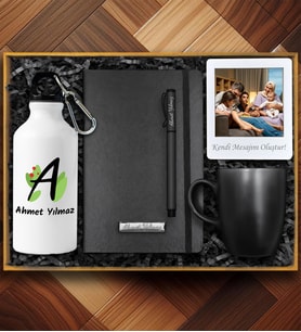 Kişiye Özel Kancalı Matara & Fotoğraflı Çerçeve & Siyah Defter & Roller Kalem & Siyah Kupa Premium Ofis Hediye Seti