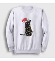 Presmono Unisex Beyaz Lights Cat Kedi Yılbaşı Sweatshirt 364391tt