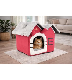2 Çatılı Katlanabilir Kedi Evi ve Küçük Irk Köpek Yatağı – Fermuarlı Çıkarılabilir Üst Bölüm, Minderli Peluş İç Mekan Kedi Yuvası, Taşınabilir Kulübe - Kırmızı