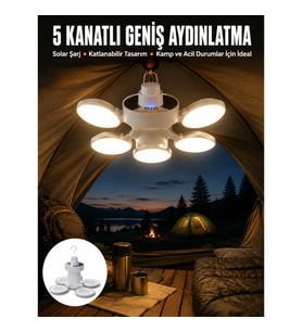 Mey İthalat® Kamp Lambası Işıldak Beyaz Işık Güneş Enerjili Solar Aydınlatma 5 Kanatlı Katlanabilir