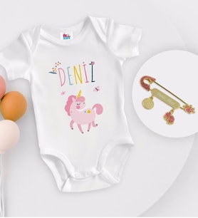 BK Kids Kişiye Özel İsimli Beyaz Bebek Body Zıbın ve Kız Bebek İğnesi Hediye Seti-4