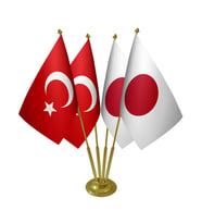 Masa Üstü Japonya Bayrağı Türk Bayrağı Dörtlü Pirinç Direk Masa Bayrak Seti