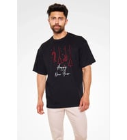 Erkek Kısa Kol Tişört Bisiklet Yaka Yeni Yıl Baskılı T-Shirt - Siyah