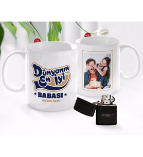BK Gift Kişiye Özel Babalar Günü Hediyesi Fotoğraflı Kupa Bardak ve Benzinli Çakmak Seti-40 (Model 1)