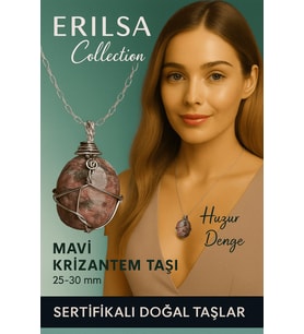Sertifikalı Gümüş Tel Sargılı Doğal Mavi Krizantem Taşı Kolye – 20-25 mm Huzur ve Farkındalık Taşı