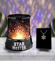 Yıldız Yansımalı Star Master Gece Lambası & Kar Tanesi Kolye Hediye Seti (Siyah)