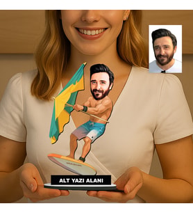 Kişiye Özel Sup Board Süren Erkek7 Karikatürlü 18 cm MDF Masaüstü Biblo - Masaüstü Hediye