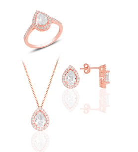 Söğütlü Silver Gümüş rose zirkon taşlı damla modeli üçlü set