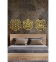 Ahşap Yaşam Çiçeği Sri Yantra Metatron Bolluk Bereket Sembolleri Üçlü Dekoratif Tablo Duvar Süsü