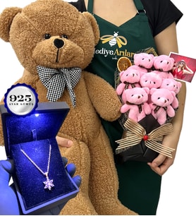 Kişiye Özel Fotoğraflı VIP Set - Işıklı Kutuda 925 Ayar Gümüş Kolye & Kahve Ayıcık & 7'li Ayıcık Buketi