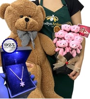 Kişiye Özel Fotoğraflı VIP Set - Işıklı Kutuda 925 Ayar Gümüş Kolye & Kahve Ayıcık & 7'li Ayıcık Buketi (Model 4)