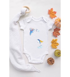 Unisex Beyaz Bebek Balina Baskılı Çıtçıtlı Body