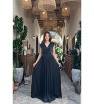 Neşeli butik kadın siyah kruvaze yaka maxi boy premium elbise RYMY4057