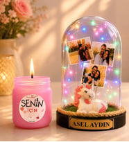 Kişiye Özel Yazılı 3 Fotoğraflı Renkli LED Işıklı Fanus (unicornlu) ve Cam Kokulu Mum Seti