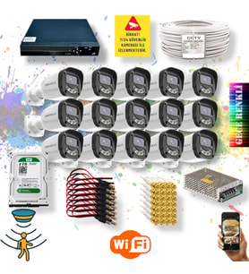 QROMAX 15 Kameralı Set - Gece Renkli Gösteren Hareket Algılayan 5MP SONY Lensli 4 Ultra Warm Ledli FULLHD Güvenlik Kamerası Seti 2304W-9016