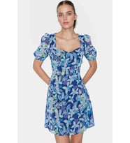 Şifon Mini Elbise Çiçek Desenli A Line Yazlık Kısa Kollu Yüksek Kalite Rahat Ve Şık Modern Stil (Mavi)