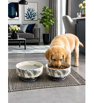 Mama Kabı Kedi ve Köpek Ayaklı 2 li Seramik Doğal Mama ve Su Kabı Gri Marble