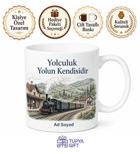 Tren Vagonları Raylar Çizimli İstasyon Gezen Yolcu Kupa Bardak Hediye