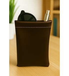 UPEKA Suni Deri Gözlük Kalem Aksesuar Saklama Kılıfı Yaylı Kahverengi 9×18cm