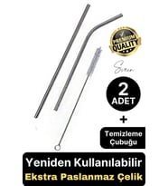 2 Adet Paslanmaz Çelik Pipet Yeniden Kullanılabilir Metal Temizleme Fırçası Meşrubat İçecek