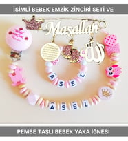 Sahi Aksesuar İsimli Bebek Emzik Zinciri Seti ve Pembe Taşlı Bebek Yaka İğnesi