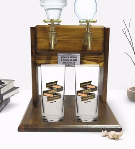 BK Gift Kişiye Özel Renkli Baskılı Yarıya Kadar Değil Yaraya Kadar Tasarımlı İkili Rakı Bardağı ve Çift Musluklu Doğal Ahşap Rakı Standı-6 (Model 1)