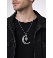 Karanlıkta Parlayan Hilal Kafatası Vintage Gümüş Renk Unisex Kolye