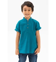 Kısa Kol Şantuklu Pamuk Bodrum Yazlık Erkek Çocuk Tshirt Petrol 3053