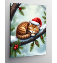 Kanvas Tablo Yılbaşı Şapkalı Uyuyan Kedi