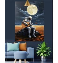 Dolunay Altında Oturan Gitarist Astronot Dekoratif Kanvas - Mdf Ahşap Tablo