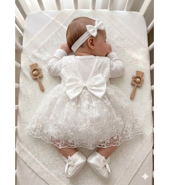 Kız Bebek Hediyelik Mevlüt Takımı Gelinlik Yenidoğan Doğum Bayram Babalar Günü Hediyesi Baby Shower Elbisesi Orjinal Kutusunda Hediye Paketli (Beyaz)