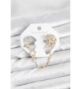 Pirinç Gold Renk Yıldız Model Zincir Bağlantılı Ear Cuff Küpe Seti 5886 - HPSBYI6560-7269