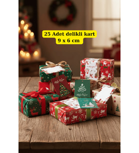 25 Adet Yılbaşı Paketleme Kartı - Gold İpli Süsleme Kartı - Yılbaşı Hediyesi - Not Kartı 5 Model (Sarı)