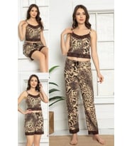 MyBen Kadın Leopar Desenli Dantel Detaylı Şortlu  Pijama Takımı 3'lü Set 75031