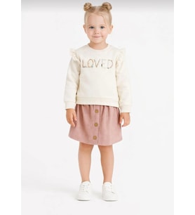 Kız Çocuk "Loved" Nakışlı Sweatshirt ve Kadife Etek İkili Takım-107581B