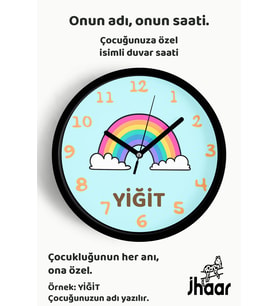 İsme Özel Renkli Gökkuşağı Çocuk Odası Duvar Saati Orta Boy 30 cm Siyah Camlı Sessiz