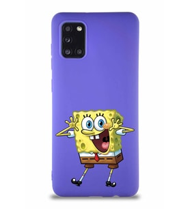 Samsung Galaxy A31 Soft Premier Kapak Sünger Bob Tasarımlı Silikon Kılıf - Mor (Şeffaf)