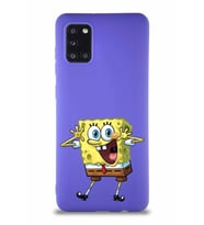 Samsung Galaxy A31 Soft Premier Kapak Sünger Bob Tasarımlı Silikon Kılıf - Mor (Şeffaf)