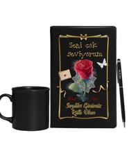 Sevgililer Gününe Özel Siyah Defter Kalem & Varil Kupa Hediye Seti 15