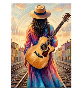 Raylarda Gitarlı Şapkalı Kadın Dekoratif Kanvas - Mdf Ahşap Tablo