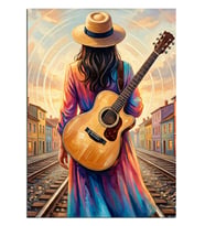 Raylarda Gitarlı Şapkalı Kadın Dekoratif Kanvas - Mdf Ahşap Tablo