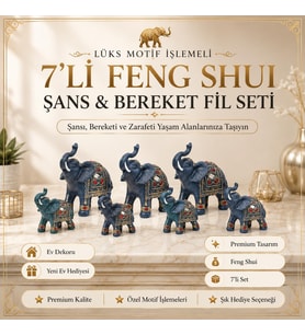 Lüks Motif İşlemeli 7'li Feng Shui Fil Biblo Seti Şans Bereket Ev Ofis Dekoru Yeni Ev Hediyesi