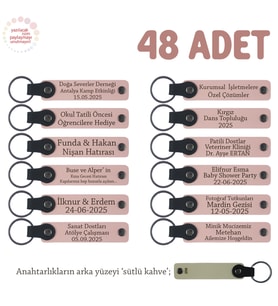 İşyeri Kutlamasına Özel, 48'li Set, Marka Ve İsim Yazılabilir Deri Anahtarlık, Pudra & Sütlü Kahve