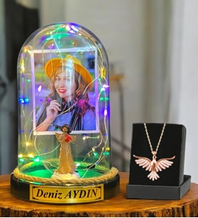 Size Özel Renkli Led Işıklı Fanus ve Zümrüdü Anka Kuşu Kolyesi - Premium Hediye Seti (Model 5)