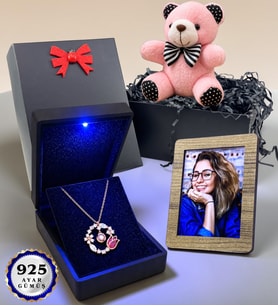 Fotoğraflı & Pembe Ayıcıklı 925 Ayar Gümüş Laleli Kolye 100 Dilde Seni Seviyorum Rose Kaplama Zirkon Taşlı Kadın Kolye