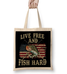 Live Free and Fish Hard Patriotic Fishing USA Bez Çanta Uzun Saplı